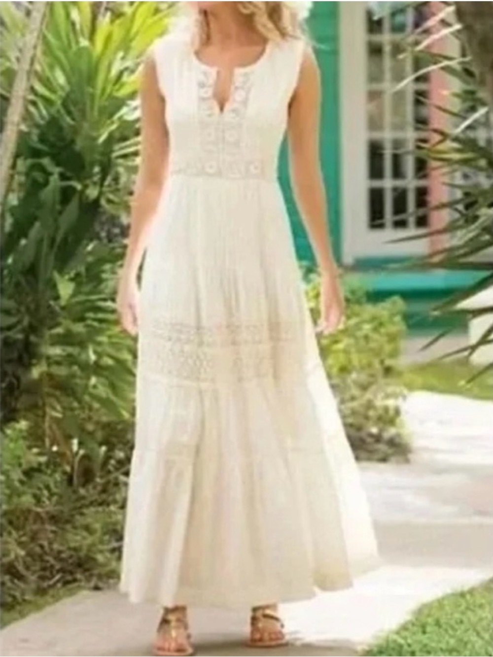 Soft Surroundings Cream Sleeveless Embroidered Maxi Dress
